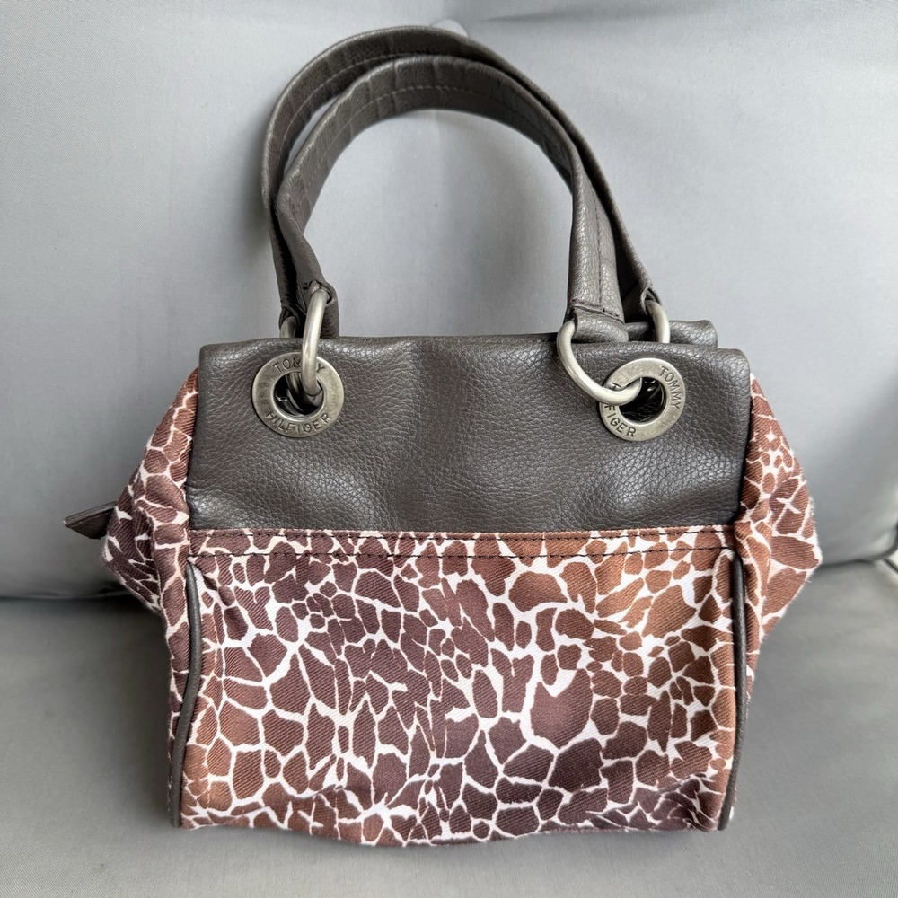 Tommy Hilfiger‎ Y2K Brown Giraffe Print Satchel Purse Faux Leather Canvas Bag